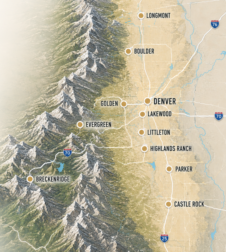 Front Range Property Inspections service area map covering Denver, Boulder, and Summit County, Colorado